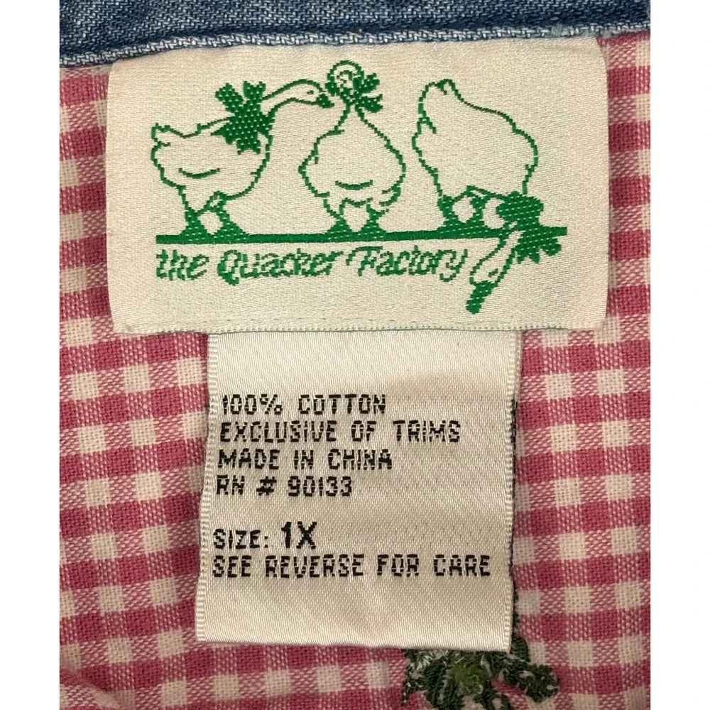 Quaker Factory Long Sleeve Shirt Size 1X‎ Cotton Gingham Gardening Embroidered